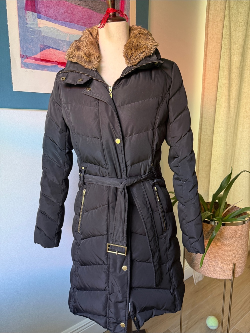 Cole Haan Black Quilted Belted Puffer with Faux Fur Trim